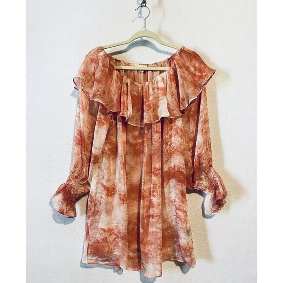 POL Top Womens Large Ruffle Collar Hand Dipped Dye Sheer Red Peasant Boho - Picture 1 of 8